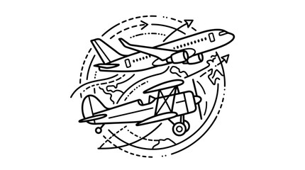 Elegant Black and White Line Drawing of Evolution of Aircraft and Global Travel Concept with high quality professional line art symbols for modern creative design and digital branding projects © RUSLAN