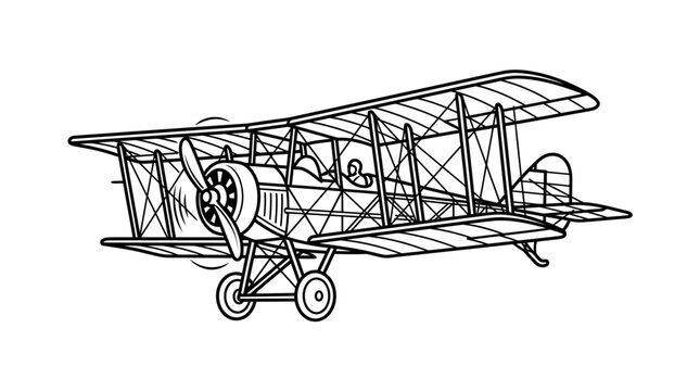 Industrial Black and White Line Drawing of a Classic Biplane Aircraft with Detailed Structural Framework