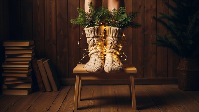 Cozy feet in winter boots with greenery and lights on wooden chair  
