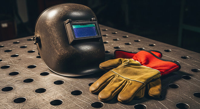 Welding Mask and Protective Gloves on Metal Workbench