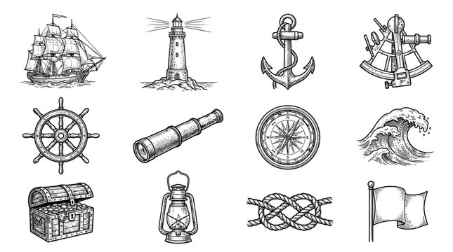 Nautical icons and ship symbols.