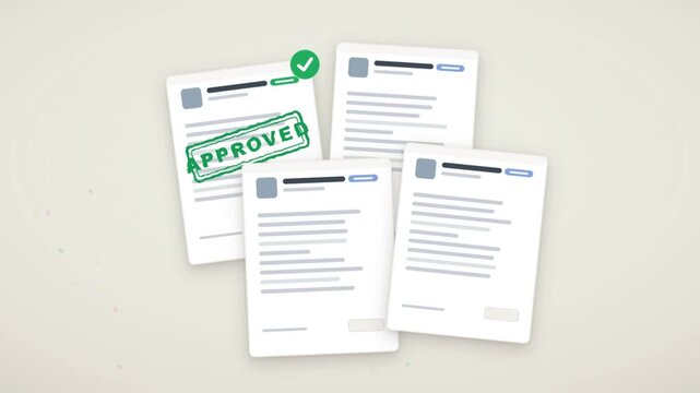 Documents stamped approved animation with green approval stamp and checkmarks on paper forms