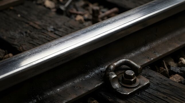 Close Up Detailed Shot of Single Iron Railway Rail with Screw Fastener