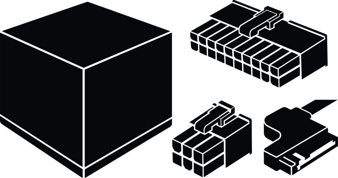 Isometric black silhouette vector set of computer power supply unit and ATX SATA cable connectors