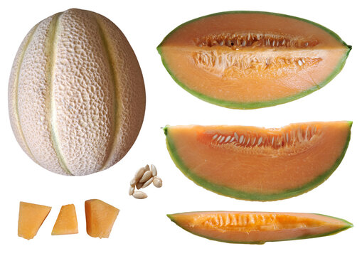 Cantaloupe melon collection isolated on transparent background. PNG set of whole, halved, sliced, cubed muskmelon and seeds.