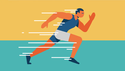 Obraz premium Powerful athlete in a blue tank top sprinting at high speed with white motion lines over a vibrant yellow and turquoise background.