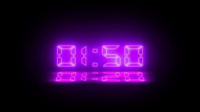 Abstract neon LED timer for 2 minutes countdown with reflection count animation on a black screen. Neon orange digital number clock with reflection.