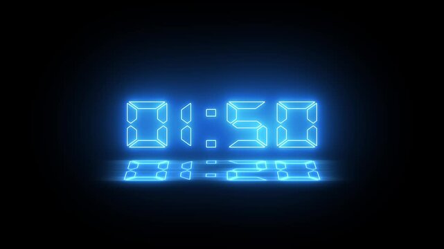 Abstract neon LED timer for 2 minutes countdown with reflection count animation on a black screen.