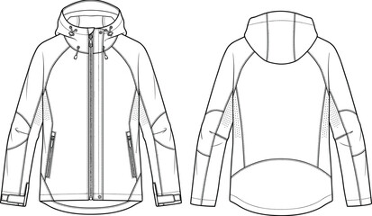 Technical fashion sketch of a hooded athletic windbreaker jacket with ventilation and zippered pockets © MdShahidur