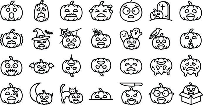 Halloween Pumpkin Jack O Lantern Expression Icon Set with Scared Face Emotions, Spooky Ghosts, Witch Hat, Bats, Graves, and Creepy Autumn Holiday Celebration Symbols