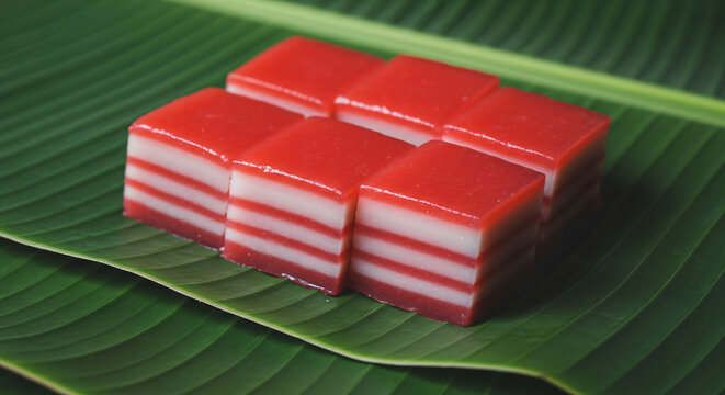 Traditional Indonesian Kue Lapis Steamed Layer Cake on Banana Leaf