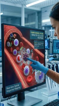 Human immune system displaying microscopic cellular defense response against bacterial pathogen inside blood vessel, targeted biological protection concept, medical research.