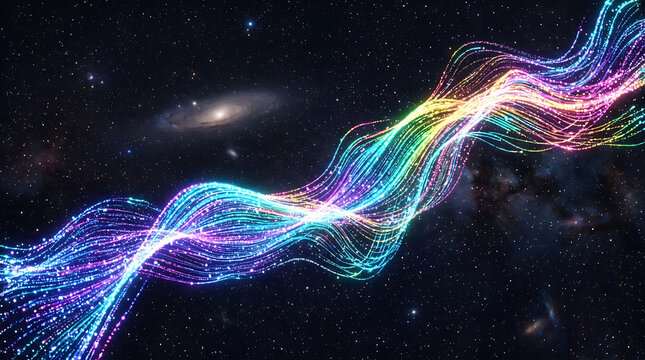 Abstract cosmic energy stream with glowing rainbow light particles in deep space particles abstract colorful universe background