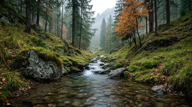 Flowing stream with autumn leaves in forest.