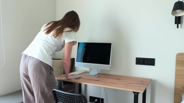 Woman dusts her home office desk with a cloth, wiping down the surface near her computer setup. She cleans the keyboard area before settling in for work. A tidy workspace is prepared ahead