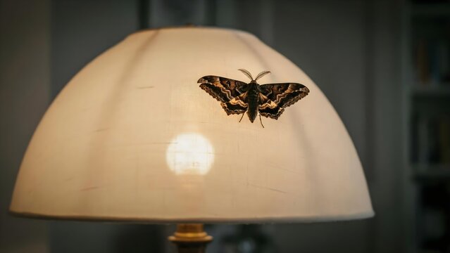A large moth resting on a glowing lampshade in a dimly lit room