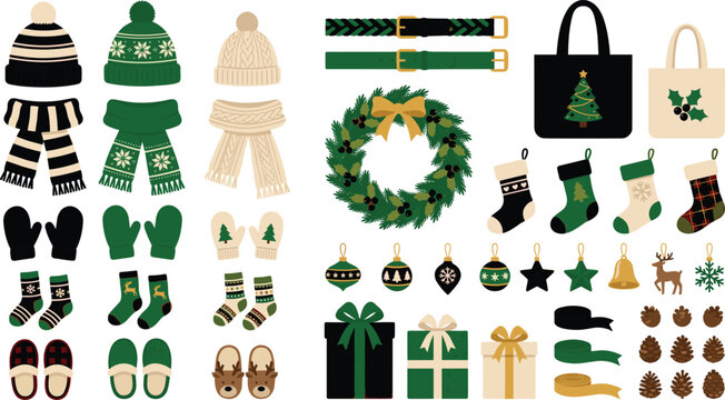 Christmas winter clothing and holiday decoration icon set featuring hats scarves mittens gifts and ornaments