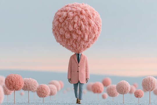 Man walking with pink fluff head in surreal landscape