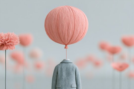 Person with balloon head standing in artistic surreal scene