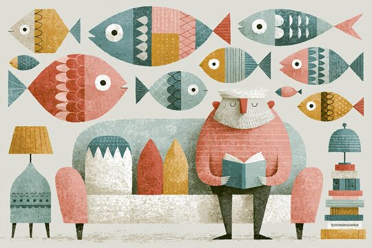 Man reading book on sofa dreaming of fish