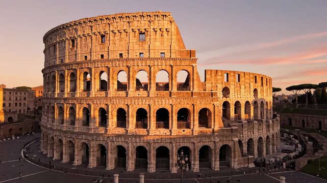 The ancient Roman Colosseum stands prominently under the soft glow of a golden sunset in Italy, showcasing historical architecture that draws countless visitors to explore this iconic landmark