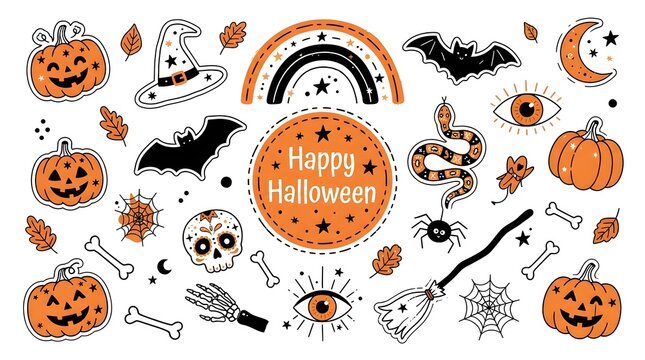 Halloween symbols and icons for a spooky celebration pumpkins bats and witches
