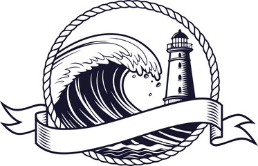 A vintage lighthouse stands beside a crashing ocean wave inside a rope border with a blank banner for labels © Tenn