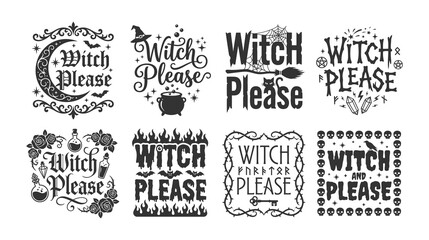Fototapeta premium Funny Witch Please Lettering Bundle with Halloween Magic Cauldron Cat and Gothic Black White Typography