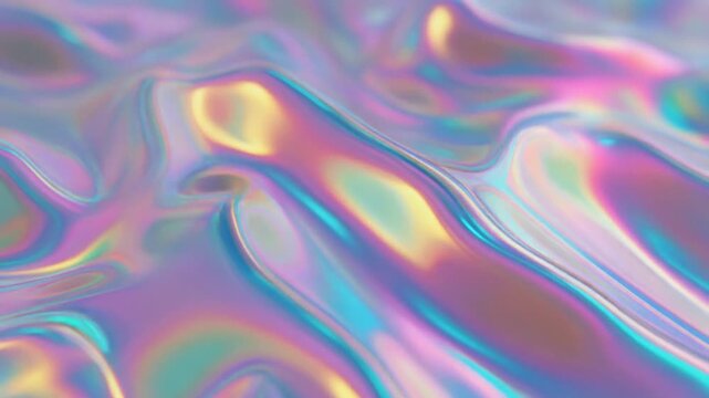 Macro shot of abstract liquid mercury with pastel holographic color shift and metallic iridescent reflections.