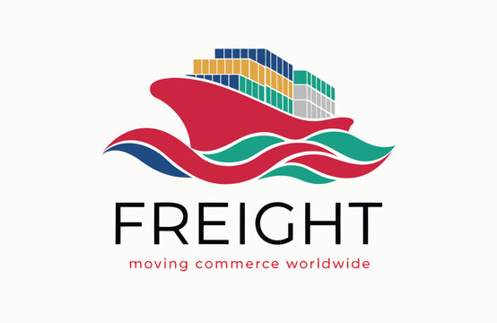 Freight shipping logo showing a red cargo ship carrying colorful containers on ocean waves with shipping logistics
