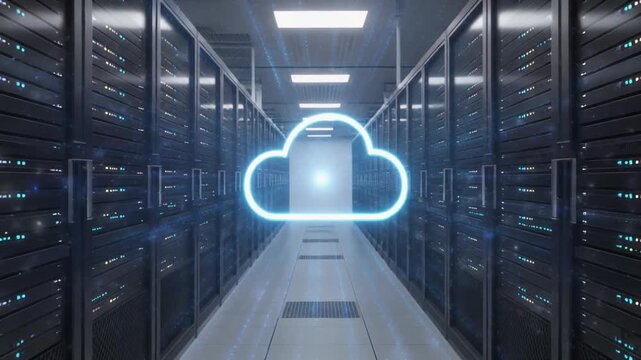 Symmetrical shot of glowing blue holographic cloud icon radiating light beams inside a modern dark server room.