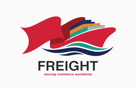 Freight transport company logo with a red cargo ship carrying containers and a flowing flag shipping logistics