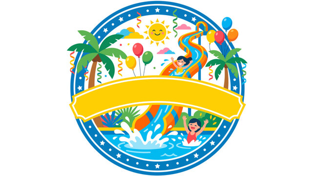 Cheerful waterpark badge with kids on a splashing waterslide