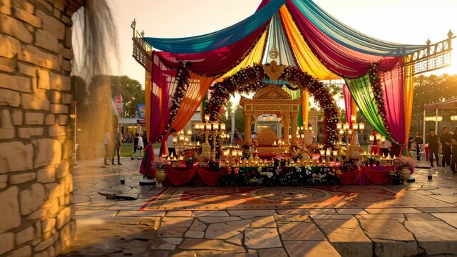 Decorated Indian Hindu shrine altar for religious ceremony and worship