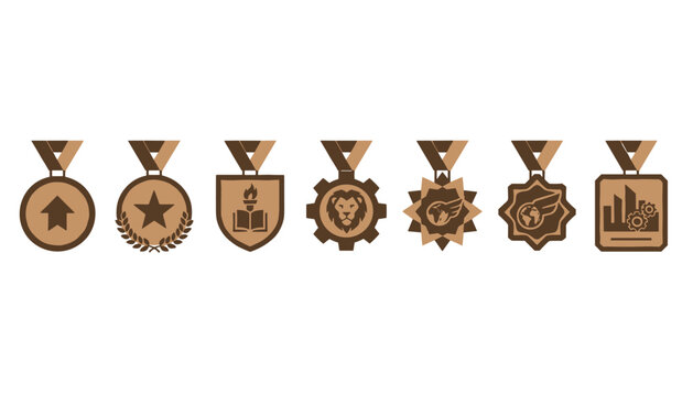 Row of seven unique bronze medals with various symbols like stars, lions, and globes celebrate different levels of achievement.