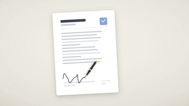 Contract document signing animation with pen signature and gold official seal on paper