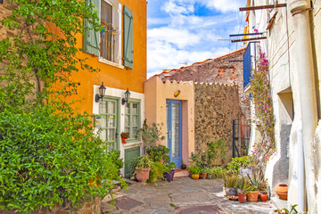 Fototapeta premium Charming Mediterranean courtyard with colorful houses and potted plants in Collioure