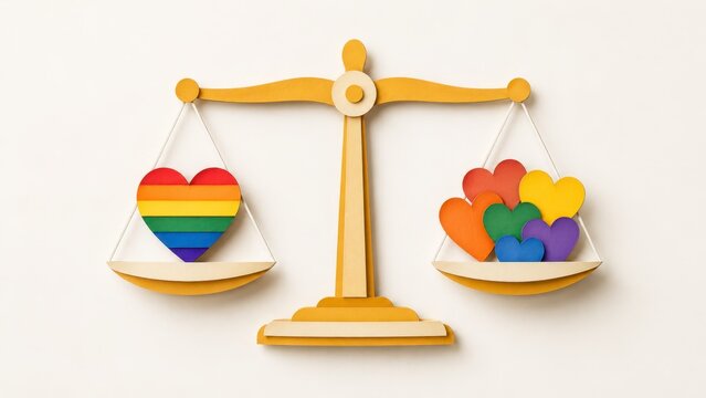 Lgbtq pride scale with rainbow heart and colorful heart on balanced paper art against white background