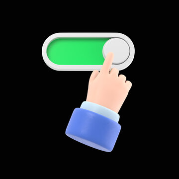 Cartoon Gesture Icon Mockup.3d render,cartoon character hand activating the button,slide bar icon.3D rendering on black Screen for footage and clipping path.