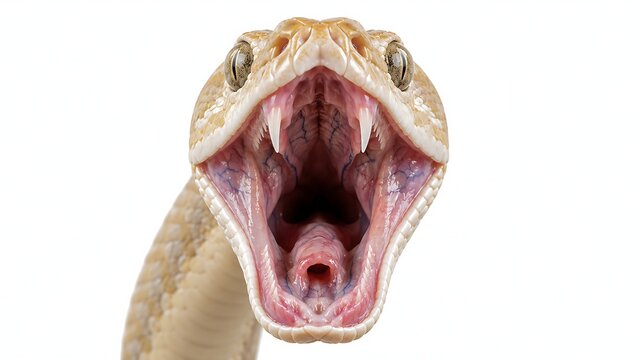 A fierce snake with its mouth open wide, showcasing sharp fangs on a clean white background, evoking a sense of danger and alertness.