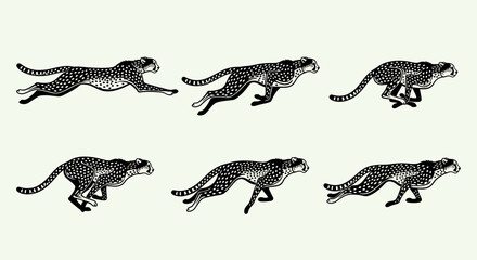 Obraz premium Black and white illustration of a running cheetah with spots, vector art, dynamic motion.