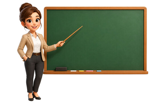 3D Cartoon Teacher Presenting on Green Chalkboard