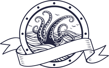 Giant octopus tentacles rising from ocean waves inside a circular porthole frame with tentacles porthole nautical © Geto