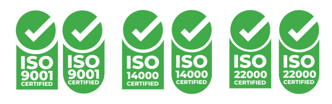 ISO Certification Badge Icon Collection ISO 9001 ISO 14001 ISO 22000 Green Vector Set