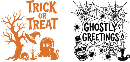 Halloween design set spooky tree ghost and web with ghostly greetings text © MDTamizUddin