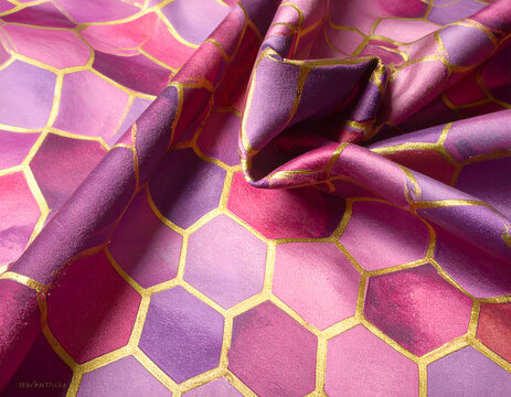 Abstract Geometric Pattern Fabric with Pink and Purple Hues.