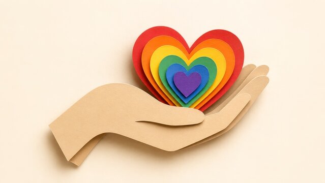 Hand holding paper rainbow heart lgbtq love support pride symbol paper cutout minimal background inclusive care compassion