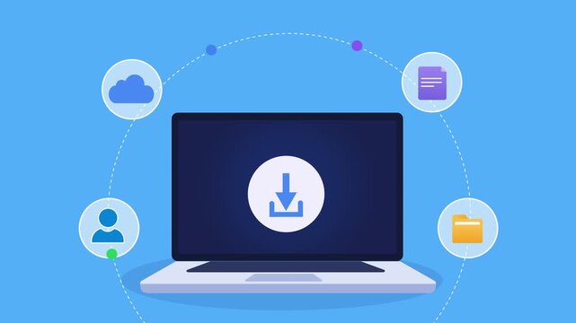 Animated flat vector motion graphic featuring an AI cloud download interface on a laptop with cloud, user, folder, and document icons. Ideal for file transfer, cloud computing, and artificial intellig