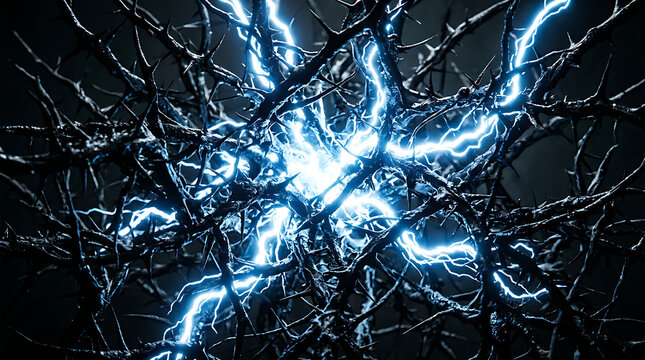 Electric blue lightning discharging from a central thorny branch network with lightning electricity branches discharge abstract electric conceptual