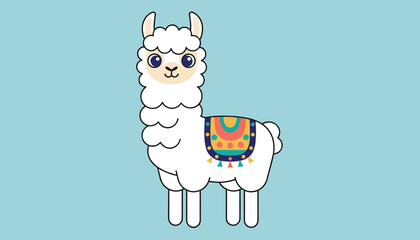 Obraz premium Adorable white llama or alpaca wearing a colorful patterned saddle blanket against a solid light blue background for kids design.